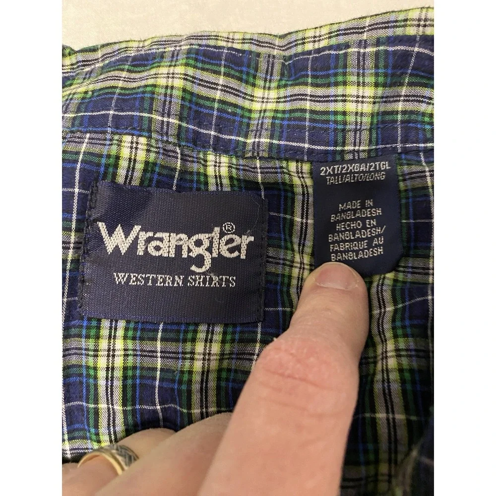 Wrangler Pearl Snap Western Shirt Mens 2XT Tall Blue Green Plaid Cowboy Big&Tall